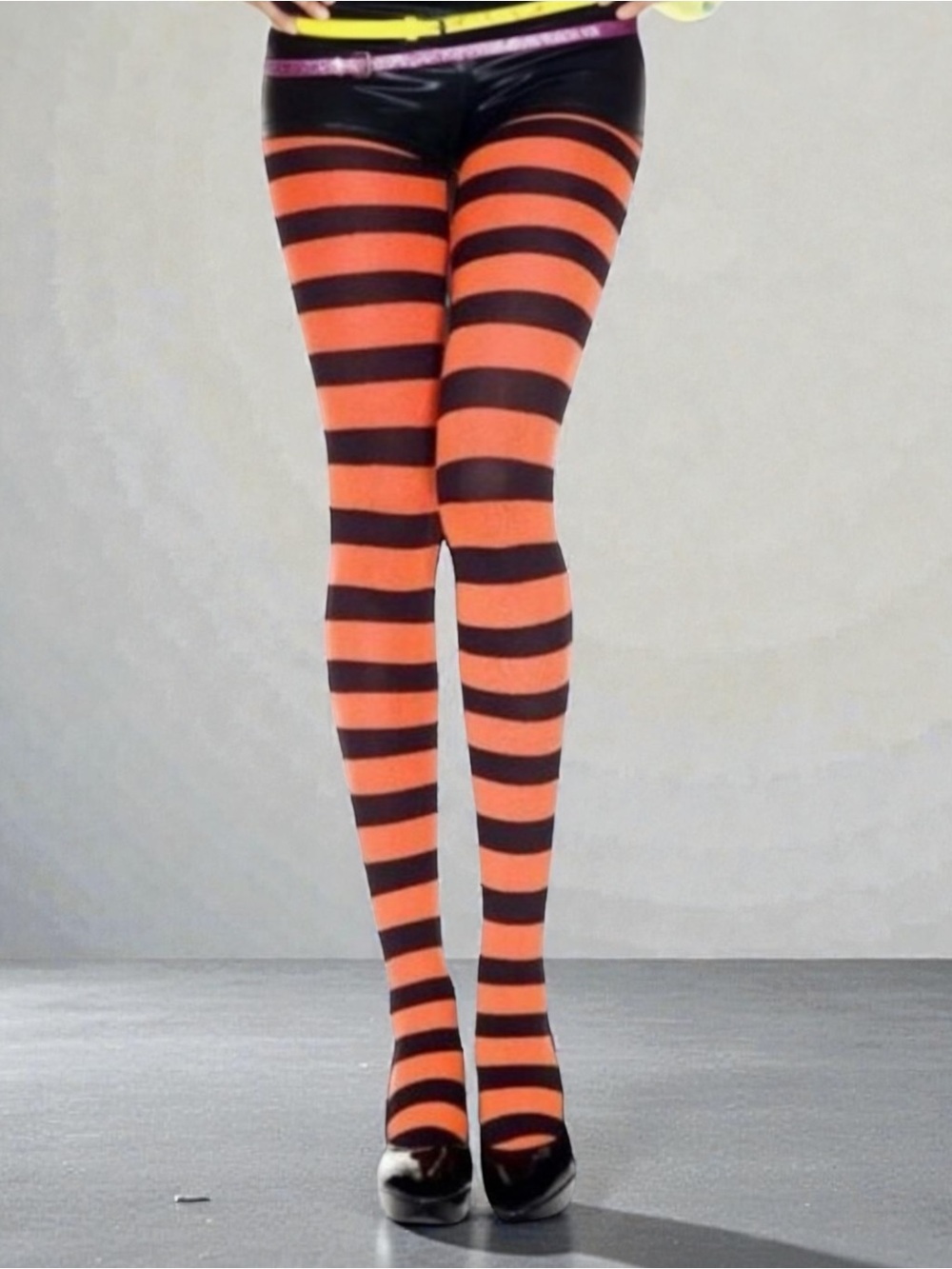 Music Legs 7419 Black & Orange Wide Striped Tights One Size Fits Most